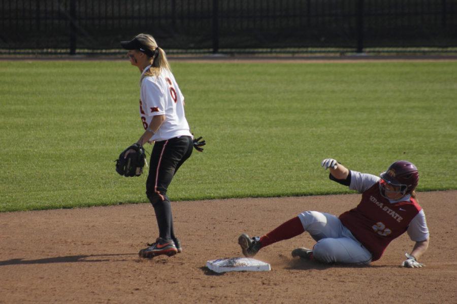 Aly Cappaert slides onto second base during the second game of Iowa States doubleheader against Oklahoma State on Saturday. The Cyclones won the game 8-7.
