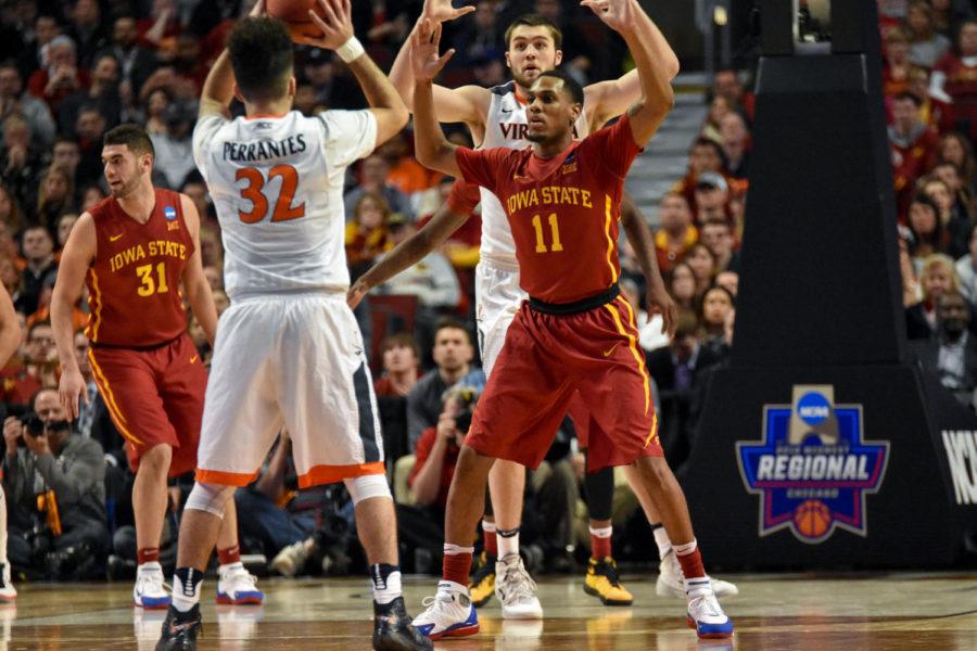 Iowa State junior guard Monte Morris blocks Virginia junior guard London Perrantes at the Sweet 16 at the United Center on March 25. Perrantes has played in seven NCAA Tournament games.