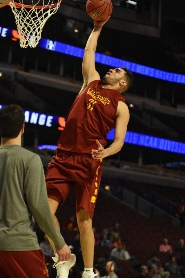Senior forward Georges Niang dunks during practice for the Sweet 16 on March 24. ISU will play Virginia on March 25 at the United Center in Chicago.