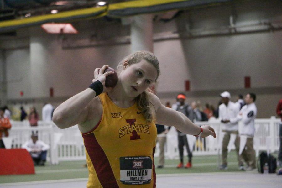 Senior Christina Hillman prepares to throw the shot during the womens shot put finals at the Big 12 Indoor Championships at the Lied Rec Center on Feb. 27. Hillman placed first with a best throw of 17.93 meters. 