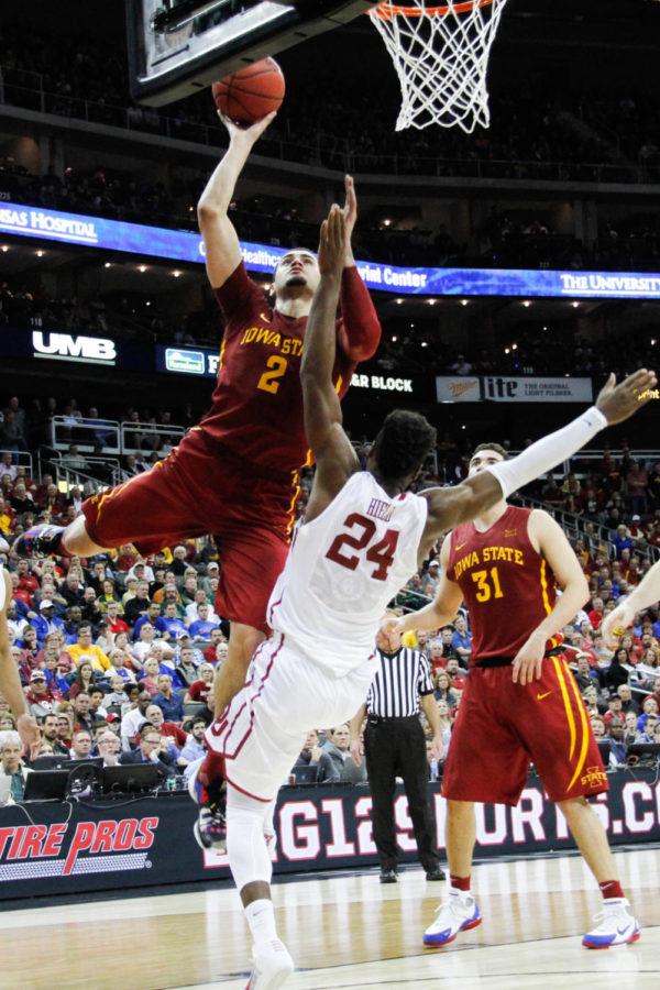 Junior Abdel Nader goes in for a layup during a game against the Oklahoma Sooners. The Cyclones would go on to lose 79-76, and be knocked out of the Big 12 Championship. 