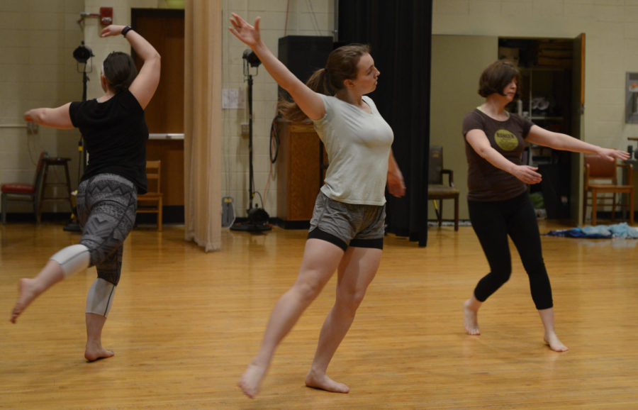 Dancers rehearse Mozart in the Closet in the Toman Studio on Feb. 27. The dancers are practicing for CoMotion Dance Theaters production which will take place on March 5 in Forker and March 12 at Danzarts Studio in Des Moines.
