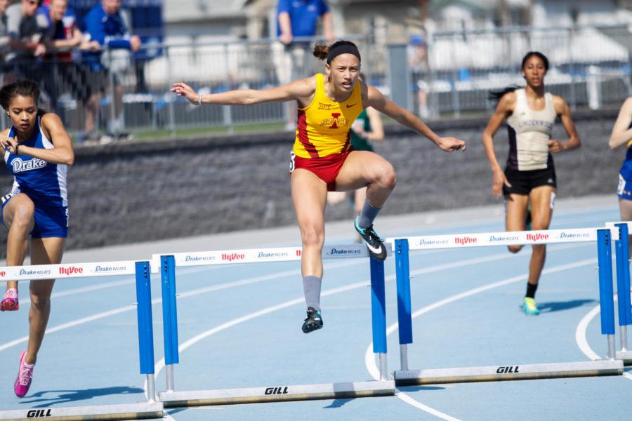 Junior Alyssa Gonzalez finishes first in the 400-meter hurdles at the Jim Duncan Invitational on Saturday. 