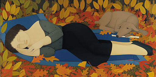 oil painting by Andrew Stevovich, Woman with Autumn Leaves, 1994, 36 x 72, Private Collection