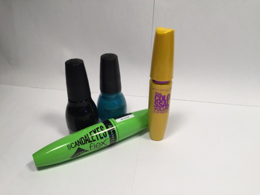 A few options for product include the mascaras photographed from Rimmel London and Maybelline, as well as the Sinful Colors nail polish shown. 