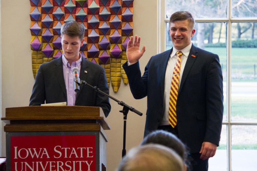 Cole Staudt, student government president for the 2016-2017 school year, is sworn in during an inauguration ceremony April 11 in the Campanile Room. 