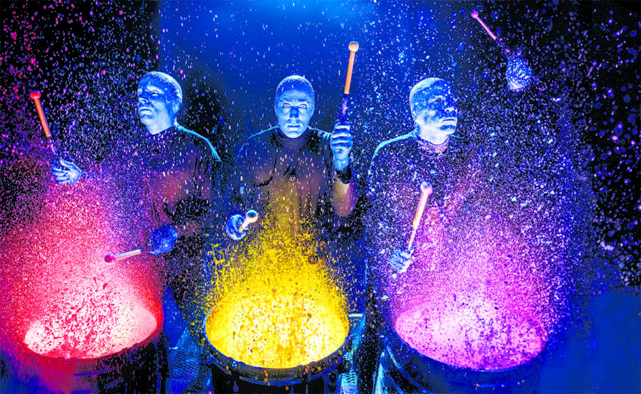 The Blue Man Group, in Stephens Auditorium on April 19 and 20, has developed their own iconic bits, including a portion of their show where they splash paint off of drums.