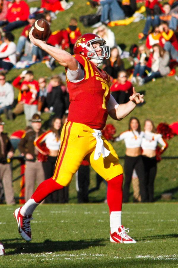 Sophomore quarterback Joel Lanning passes during the game against Oklahoma State University on Saturday, Nov. 14. The Cyclones would go on to lose to the Cowboys 31-35.  