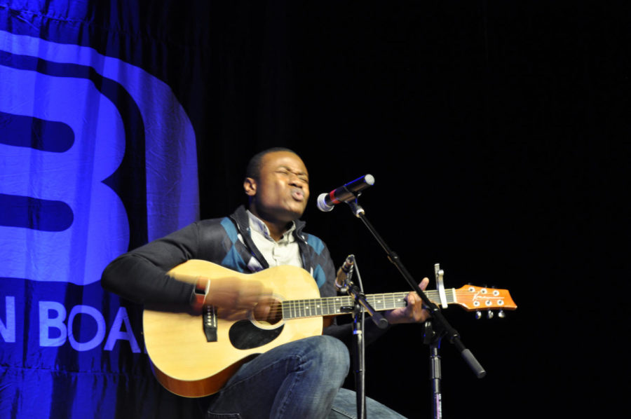 Benito Kayenge, junior in economics, performs Ma nature in French for Cyclone Voice Thursday, April 14, in the Memorial Union. Jesse McCartney was the emcee and performed some of his songs. 