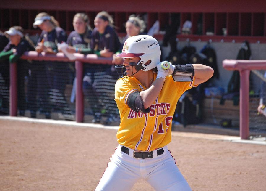 Senior outfielder Cathlin Bingham bats in a 17-0 Cyclone loss to the Baylor Lady Bears.