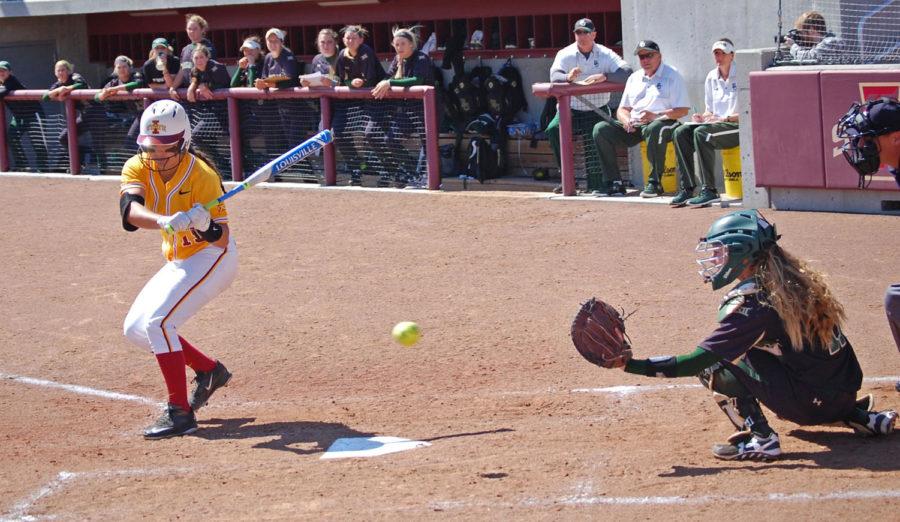Junior outfielder Cathlin Bingham bats in a 17-0 Cyclone loss to the Baylor Lady Bears.