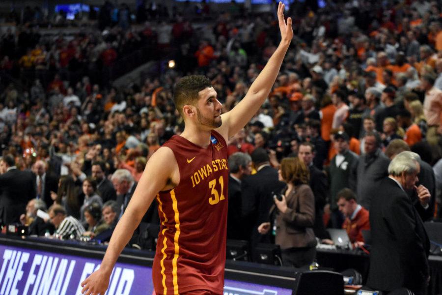 Senior forward Georges Niang waves to the crowd after the Sweet 16 loss against Virginia on March 25. Niang scored 30 points in the game, finishing his career with 2,228 career points. He now ranks second of all-time in school history for career points made. ISU fell 84-71.