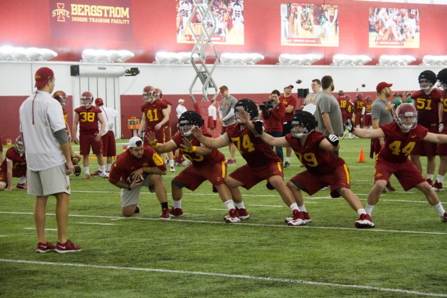 Head coach Matt Campbell watches the offensive line during spring football practice March 8 in the Bergstrom Football Complex. 