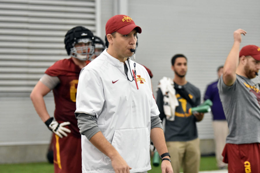 Head coach Matt Campbell finishes the first practice of the season on March 8 at Bergstrom Football Complex. Campbell was named head coach at Iowa State on Nov. 29, 2015.