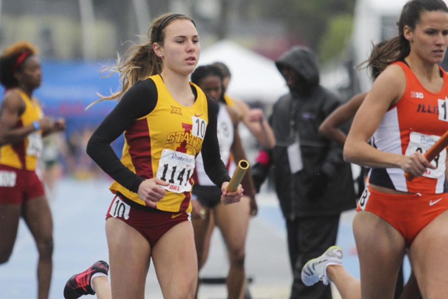 Sophomore Evelyne Guay runs in the womens distance medley relay at the Drake Relays on April 25, 2015, in Des Moines.