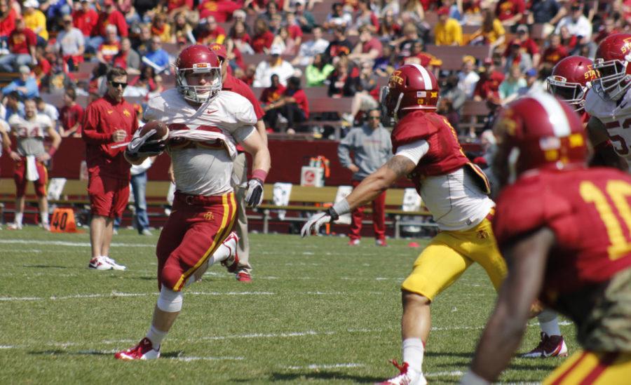 Redshirt junior running back Mitchell Harger breaks away for a touchdown during Iowa States spring game at Jack Trice Stadium on Saturday, April 11.