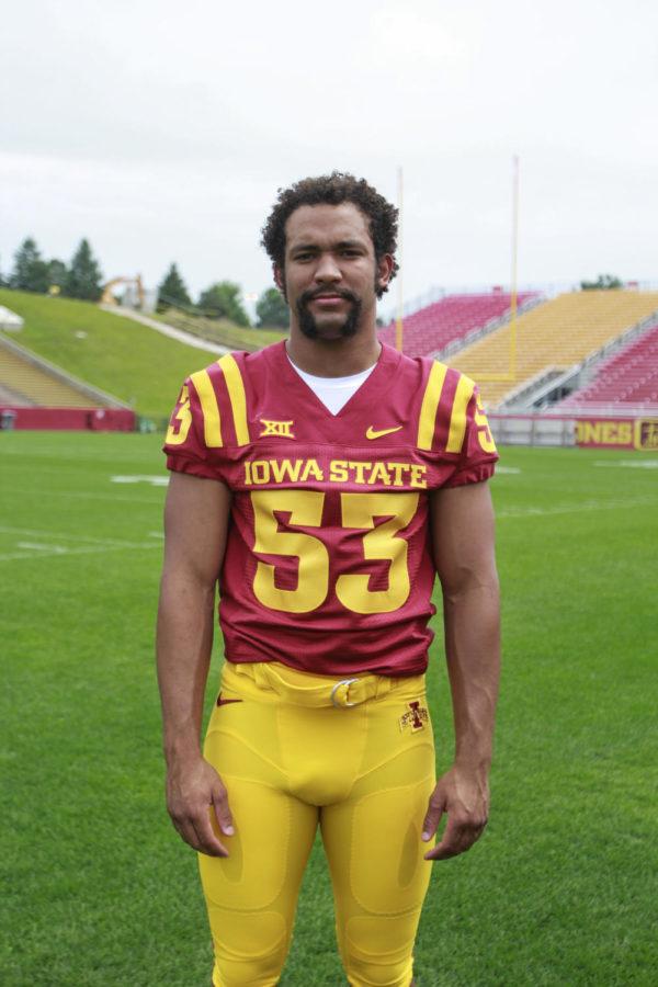 Redshirt+sophomore+linebacker+Anthony+Lazard+poses+at+the+football+media+day+Aug.+10+at+Jack+Trice+Stadium.
