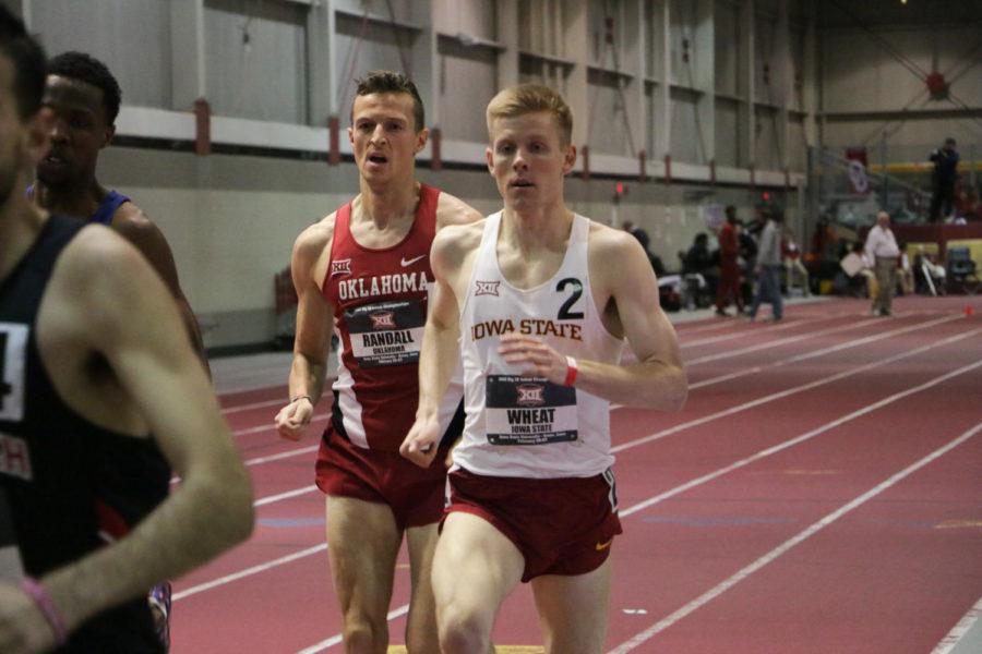 ISU senior Brandon Wheat keeps his pace during the mens 1000-meter at the Big 12 Indoor Championships at the Lied Rec Center Feb. 26. Wheat would go on to place 4th in the preliminaries with a time of 2:26.94, qualifying him for the finals. 