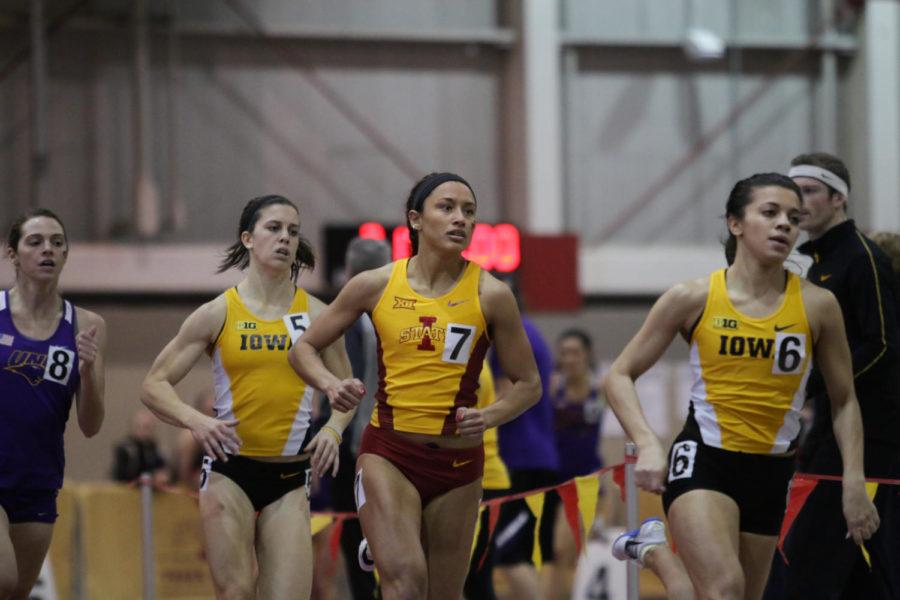 Senior Alyssa Gonzalez (7) competes in the 600-meter run. She placed first with a time of 1:22.68. The Cyclones hosted the annual Big Four Classic at Lied Recreation Center on Saturday afternoon.