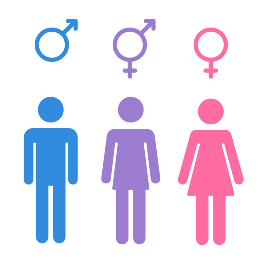 Set of gender symbols with stylized silhouettes: male, female and unisex or transgender. Isolated vector illustration.