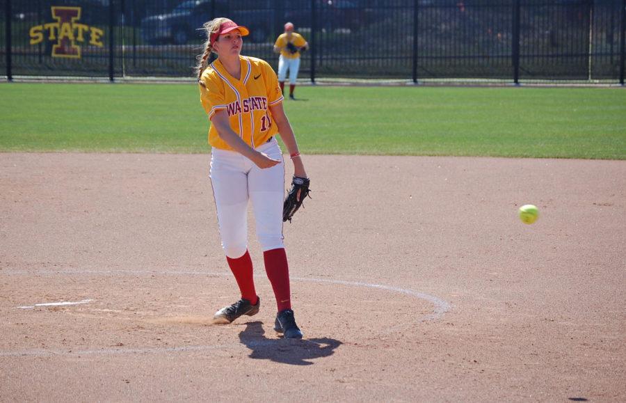 Freshmen righthander Emma Hylen throws a pitch in a 17-0 Cyclone loss to the Baylor Lady Bears.