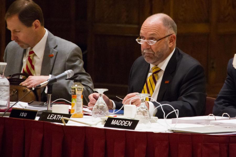 Iowa State University President Steven Leath listens to a result of an audit during a Iowa Board of Regents meeting in the Great Hall of the MU on Feb 25. 