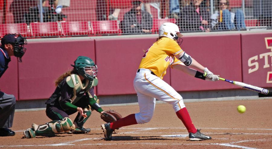 Sophomore+outfielder+Kelsey+McFarland%C2%A0at+the+plate+for+her+first+at+bat+in+a+17-0+Cyclone+loss+to+the+Baylor+Lady+Bears.