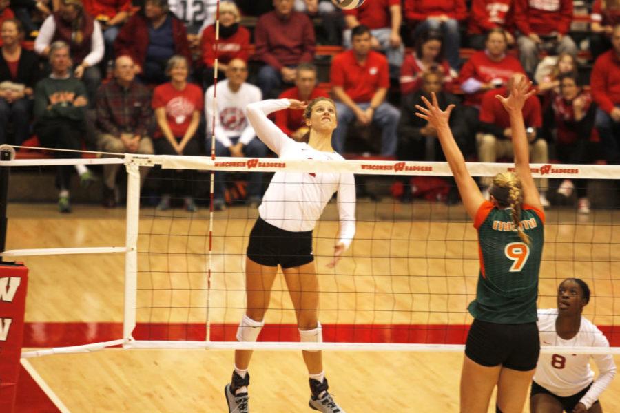 Junior outside hitter Ciara Capezio goes up for the kill in the second set of the first round of the NCAA Tournament. Capezio recorded six kills in the 25-21, 26-24, 25-20 sweep win against Miami (FL) on Thursday. 