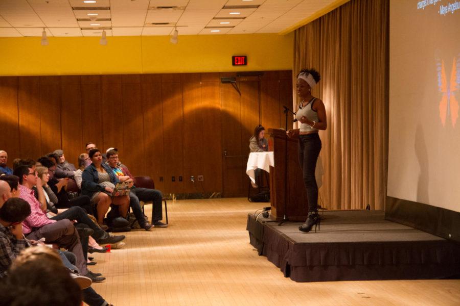 Angelica Ross talks to a crowd of students and community members about being transgender as part of the first event of the 2016 Iowa State Pride Week. Ross is the CEO of TransTech Social Enterprises, a company that helps transgender people with job training and work experience. 