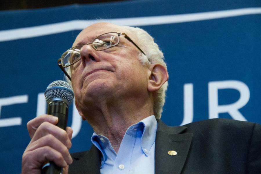 Democratic presidential candidate Bernie Sanders speaks during a Canvass Launch event in the Memorial Union on Jan 31, a day before the first caucus of the presidential race. Sanders spoke to a crowd of supporters and volunteers about healthcare, college debt, and global warming.  