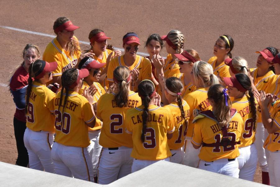 The Iowa State softball team rallies before the game against Omaha on April 14 at the Cyclone Sports Complex. ISU fell 6-4.