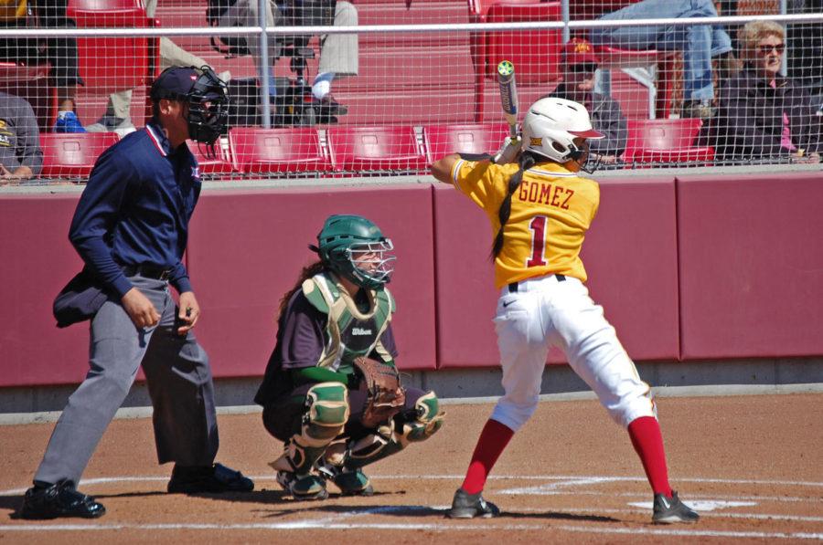 Senior shortstop Brittany Gomez at the plate for her first at bat in a 17-0 Cyclone loss to the Baylor Lady Bears.