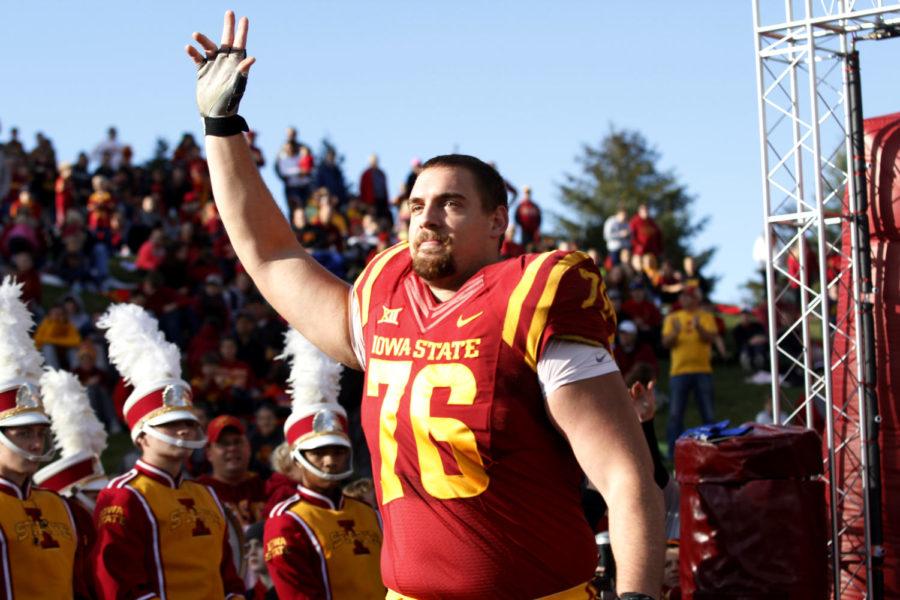 Iowa States red short senior Jamison Lalk (76) takes the field against Oklahoma State Saturday November 14, 2015 before the first quarter in Jack Trice Stadium in Ames, Iowa. The Cyclones fell to the Cowboys 35-31 in their last home game of the regular season.