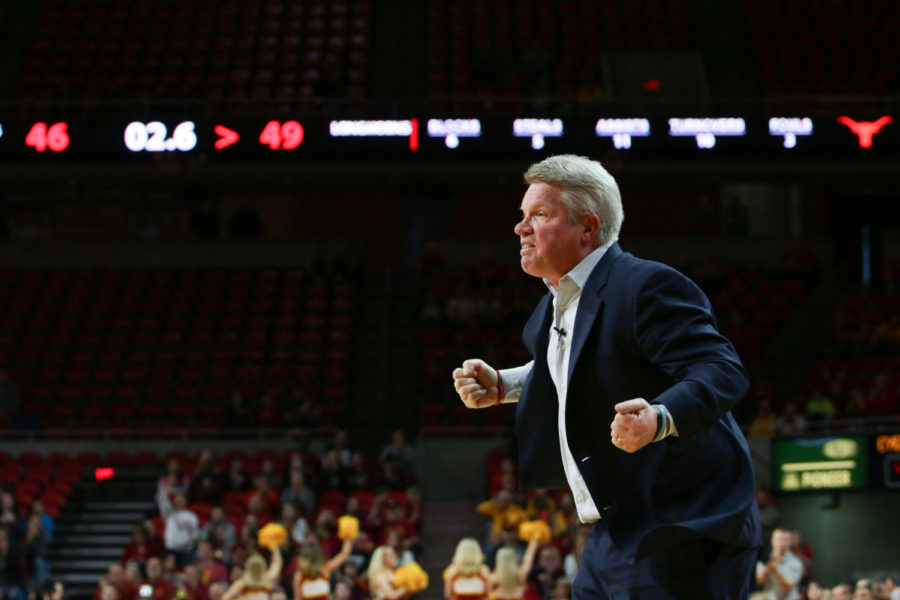 Iowa State head women's basketball coach Bill Fennelly argues a charging call at the end of the third quarter during their game against Texas Jan. 1. 