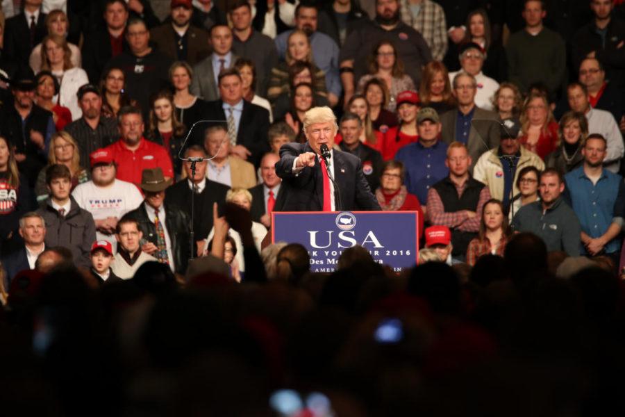 President-elect Donald Trump speaks to the crowd gathered during his USA Thank You tour stop on Dec. 8 in Des Moines. Trump spoke about his deals with companies to keep their jobs in the United States, the states that propelled him to victory, and appointing former Iowa governor Terry Brandstad as ambassador to China.