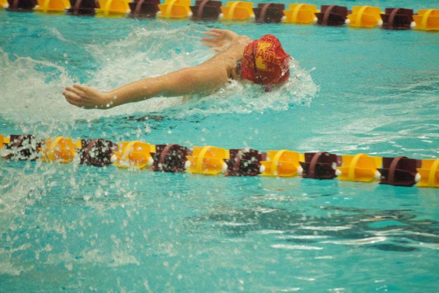 Senior Savanna Townsend races in the Women 500 Fly race. Iowa State Swim and Dive hosted the Alumni Cardinal and Gold meet on Sept. 30.