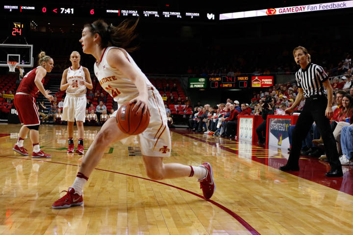 Sophomore Bridget Carleton dribbles the ball between her legs during the Cyclones 67-57 loss to Oklahoma. 