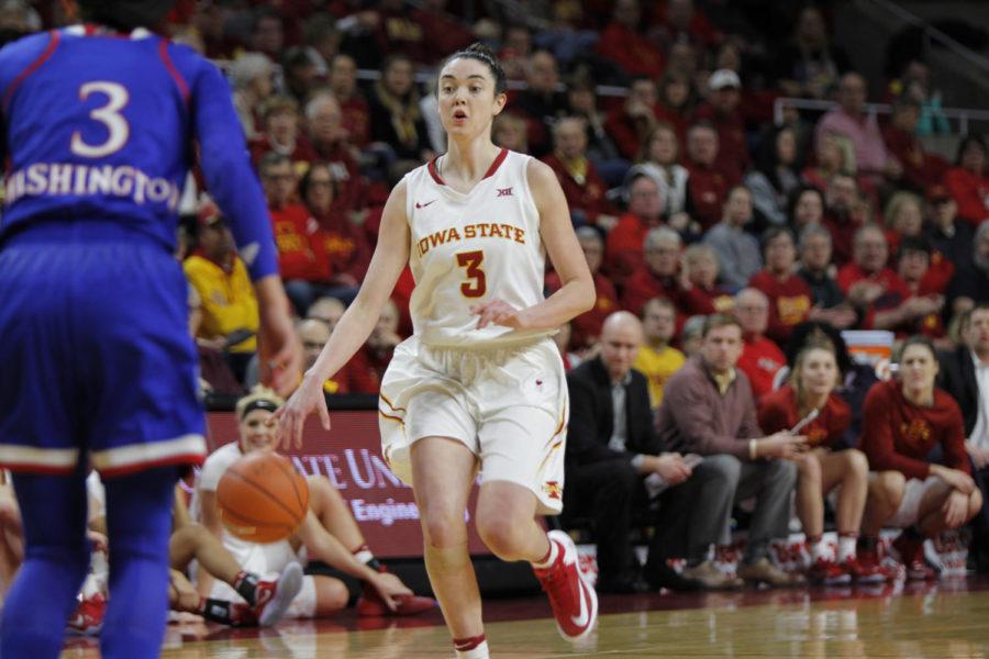 Iowa State junior Emily Durr brings the ball up the court against Kansas on Jan. 8.
