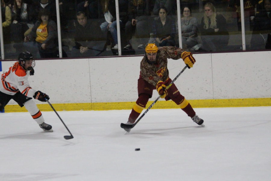 Jake Uglem takes control of the puck on Friday night. The Cyclones played the University of Jamestown Jan. 20 and lost 4-2.