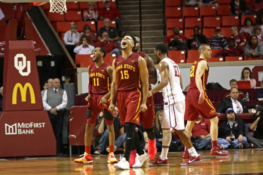 Naz Mitrou-Long yells out after beating Oklahoma in double overtime at the Lloyd Noble Center in Norman, Oklahoma, on Jan. 21, 2017.