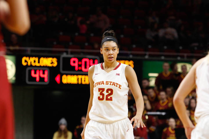 Sophomore Meredith Burkhall walks down the court during the Cyclones 67-57 loss to Oklahoma. Burkhall recored a double-double for the Cyclones. 
