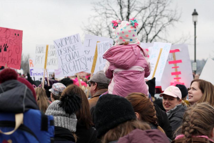 Marchers circle the Iowa State Capitol during the Women's March on Saturday. The rally was a response to President Trump's election on Jan. 20.