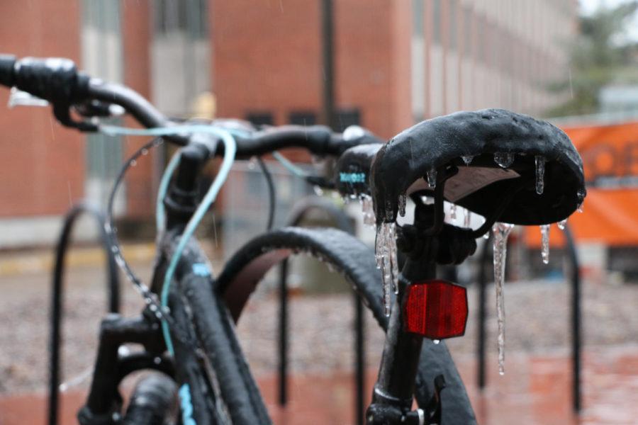 Icicles hang off of a bicycle behind Pearson Hall Jan. 16.