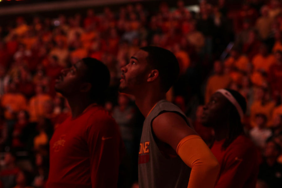 Iowa State guard Nick Weiler-Babb watches the video board just before player introductions preceding Iowa State's game against Kansas State.