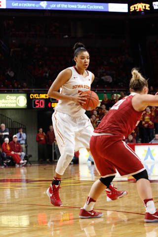 Sophomore Meredith Burkhall hold onto the ball during the Cyclones 67-57 loss to Oklahoma. Burkhall recorded a double-double for the Cyclones. 