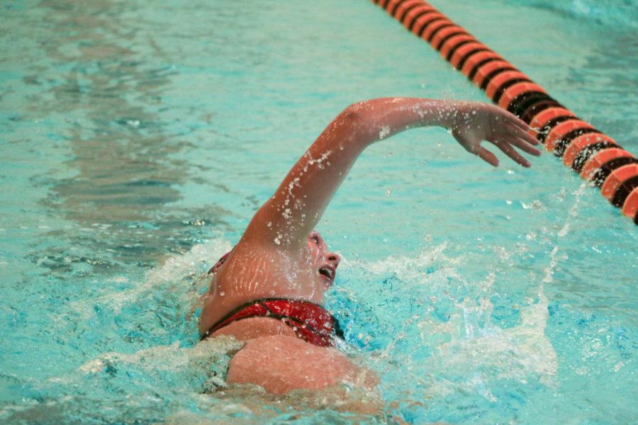 Freshman Keely Soellner swims the 1000-yard freestyle during the meet against Nebraska at Beyer Hall Oct. 8 at 11 a.m.. Soellner lost her goggles and swim cap during the event, but went on to finish third with a time of 10:37.88.