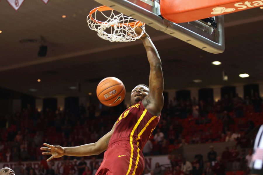 Deonte Burton slams down a game-tying dunk near the end of regulation against Oklahoma at the Lloyd Noble Center in Norman, Oklahoma, on Jan. 21, 2017. Iowa State beat the Sooners 92-87 in double overtime.