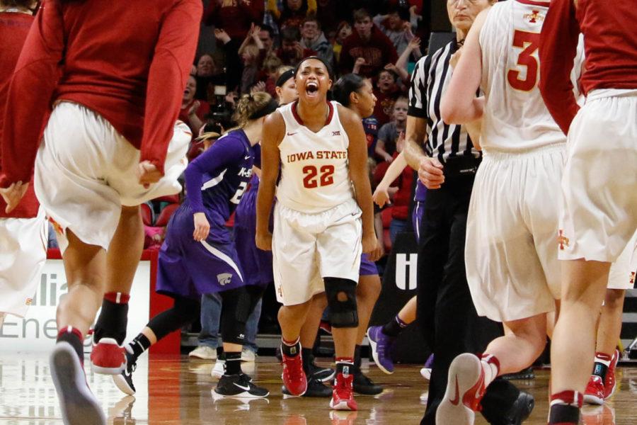 TeeTee Starks celebrates the Cyclones 75-69 win over No. 22 Kansas State on Saturday. The win moved the Cyclones to 11-8 (2-6 Big 12.) 