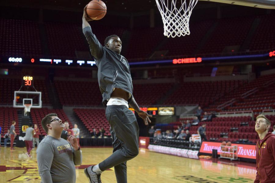 Iowa State 4-star recruit Cameron Lard goes up for a dunk before Iowa States game against Texas Jan. 7 at Hilton Coliseum. 