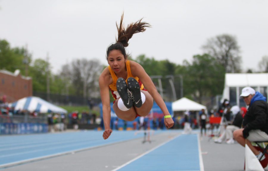 Sophomore Jhoanmy Luque competes in the womens long jump finals at the Drake Relays at Drake Stadium in Des Moines April 29.